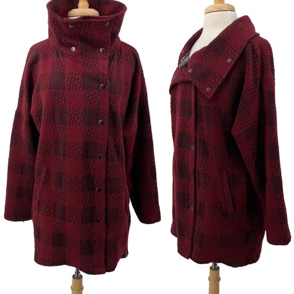 Tonia Debellis Gingham Plaid Jacket Cardigan Funnel Neck Red Gray Womens size XL - Picture 1 of 12